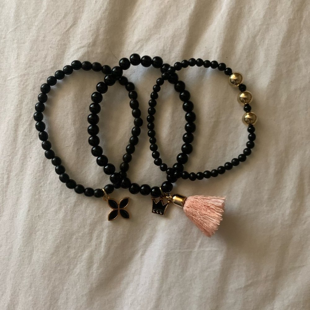 Black & Gold Bracelets with Charms & Mini Tassel